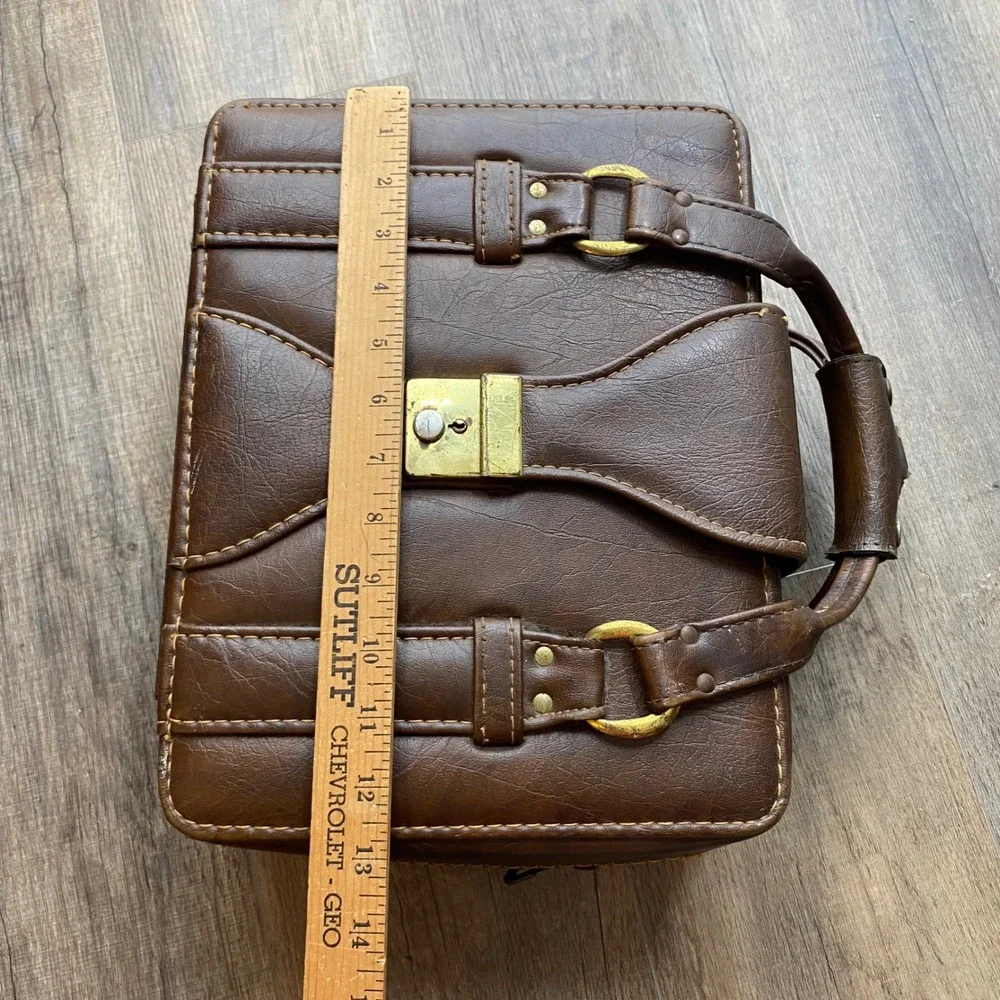Vintage Brown Faux Leather Briefcase Camera Case Box Bag Brass Hardware Retro